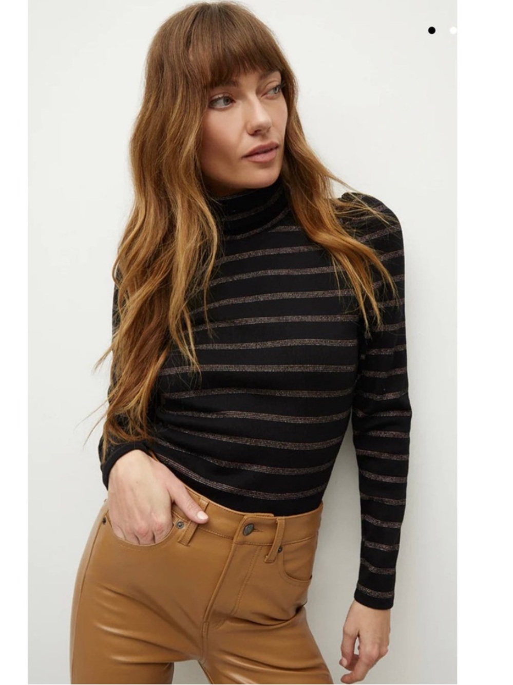 Veronica Beard Cedar Striped Puff Sleeve Turtleneck Black Metallic L Large